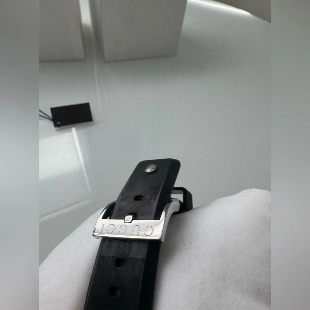 Gucci Swiss Made Black Stainless Steel & Rubber Watch Preloved Boxed Monogram